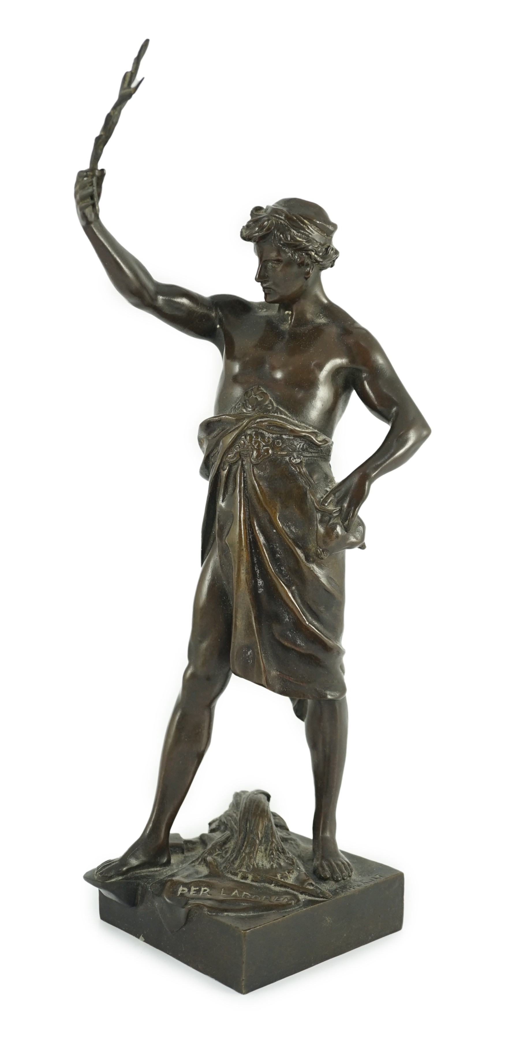 Emile Louis Picault (1833-1915). A French bronze figure 'Per Laborem' modelled as a classical athlete holding aloft a laurel sprig, 34cm high